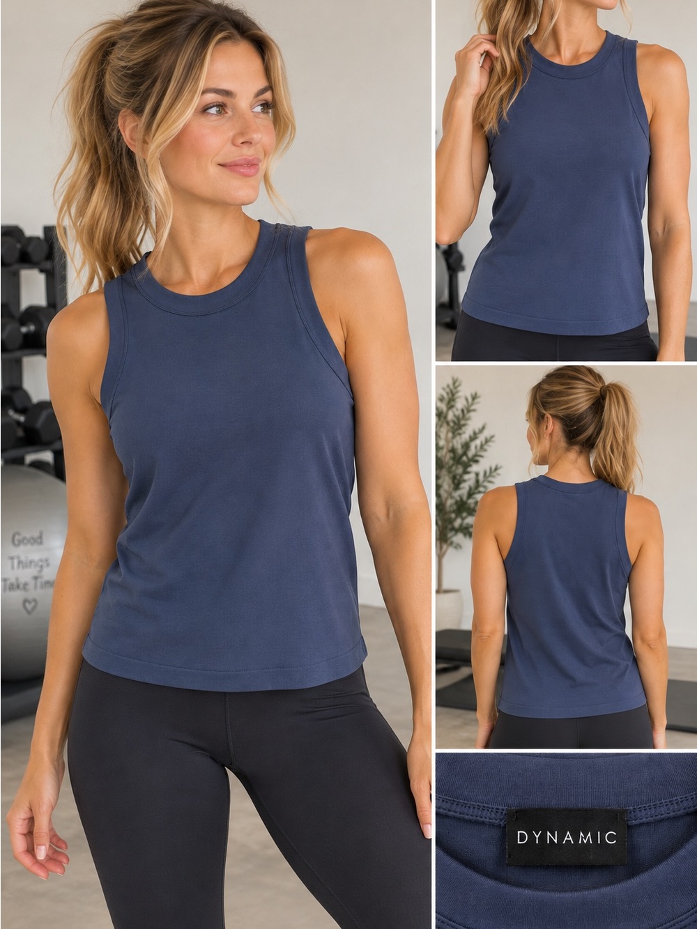 Dynamic Navy Blue Sleeveless Tank Top Scoop Neck Athletic Casual